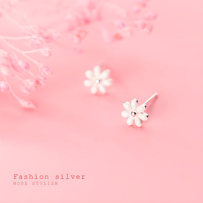 S925 Silver White Flower Stud Earrings Korean Fresh Sweet
