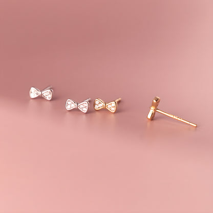 S925 Sterling Silver Bow Earrings Diamond Stud Korean Style Elegant Sweet Fresh Design