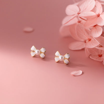 S925 Sterling Silver Bow Stud Earrings with Synthetic Pearls