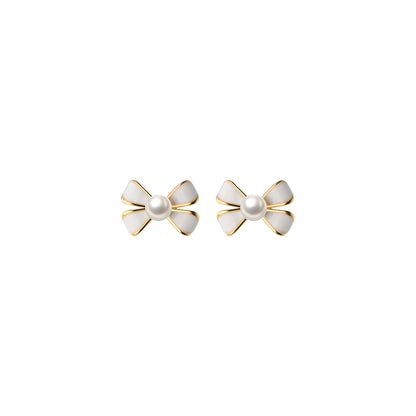 S925 Sterling Silver Bow Stud Earrings with Synthetic Pearls