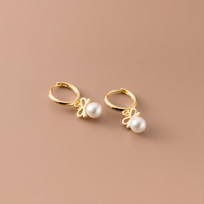 S925 Sterling Silver Butterfly Bow Synthetic Pearl Earrings Korean Style Minimalist