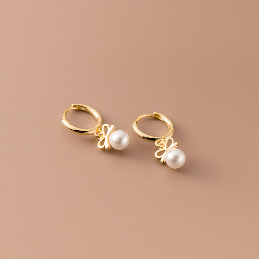 S925 Sterling Silver Butterfly Bow Synthetic Pearl Earrings Korean Style Minimalist