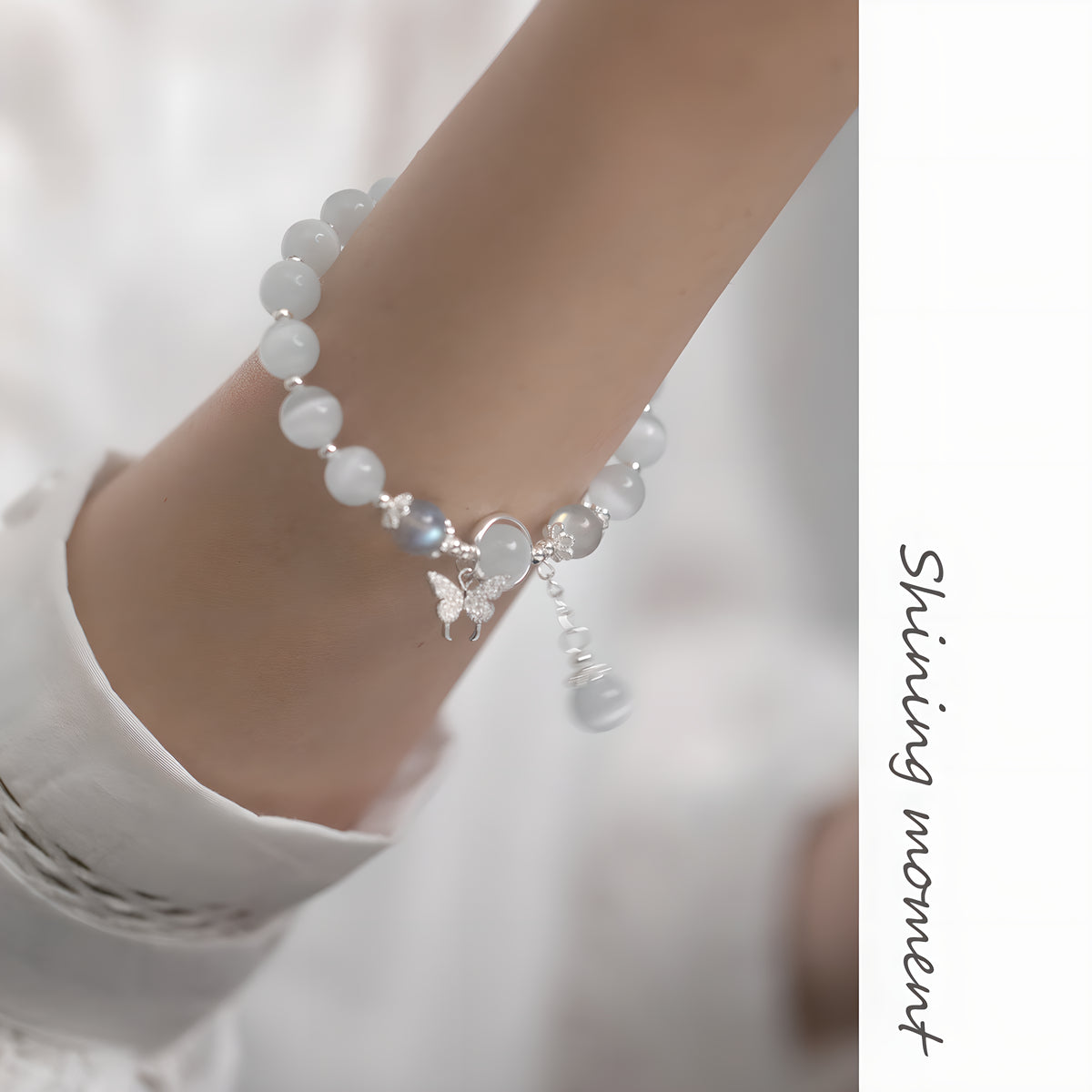 S925 Sterling Silver Butterfly Bracelet with Moonstone and Diamonds