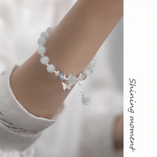 S925 Sterling Silver Butterfly Bracelet with Moonstone and Diamonds