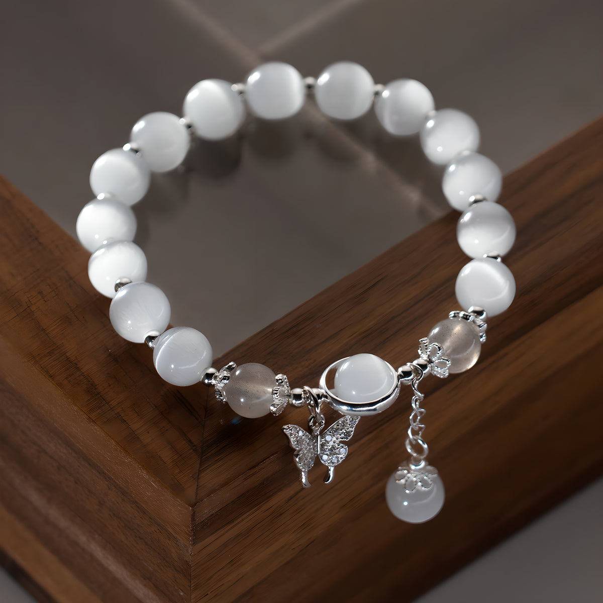 S925 Sterling Silver Butterfly Bracelet with Moonstone and Diamonds