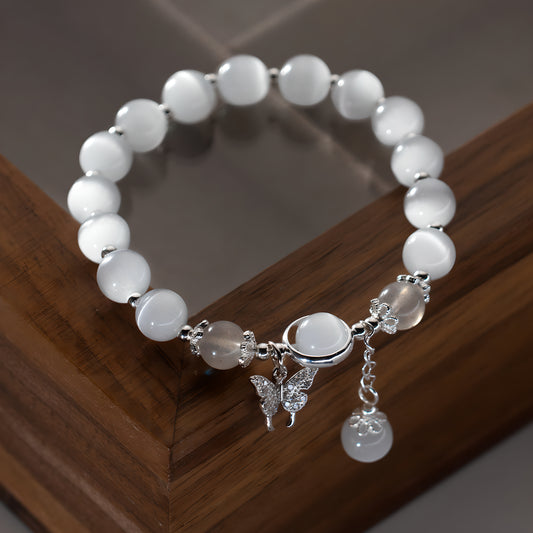 S925 Sterling Silver Butterfly Bracelet with Moonstone and Diamonds