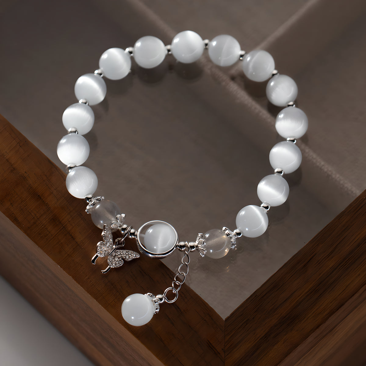 S925 Sterling Silver Butterfly Bracelet with Moonstone and Diamonds