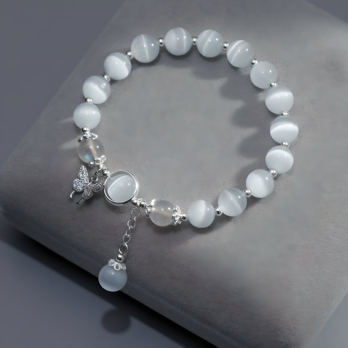 S925 Sterling Silver Butterfly Bracelet with Moonstone and Diamonds