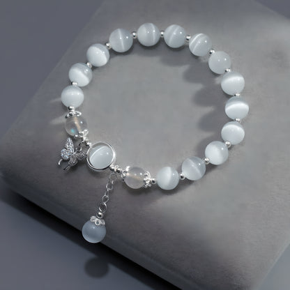 S925 Sterling Silver Butterfly Bracelet with Moonstone and Diamonds