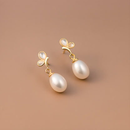S925 Sterling Silver Butterfly Pearl Teardrop Earrings