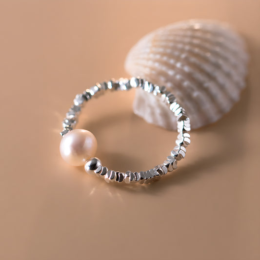 S925 Sterling Silver Crushed Silver Pearl Bead Ring - Minimalist Gentle Design