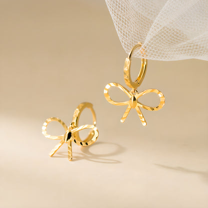 S925 Sterling Silver Delicate Bow Earrings with Engraved Design