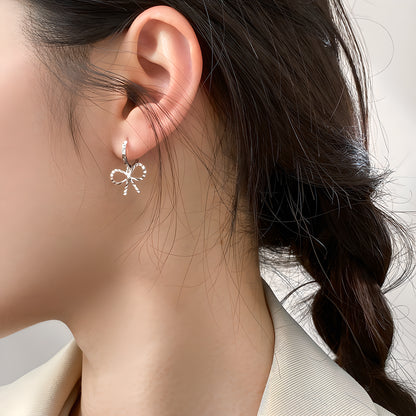 S925 Sterling Silver Delicate Bow Earrings with Engraved Design