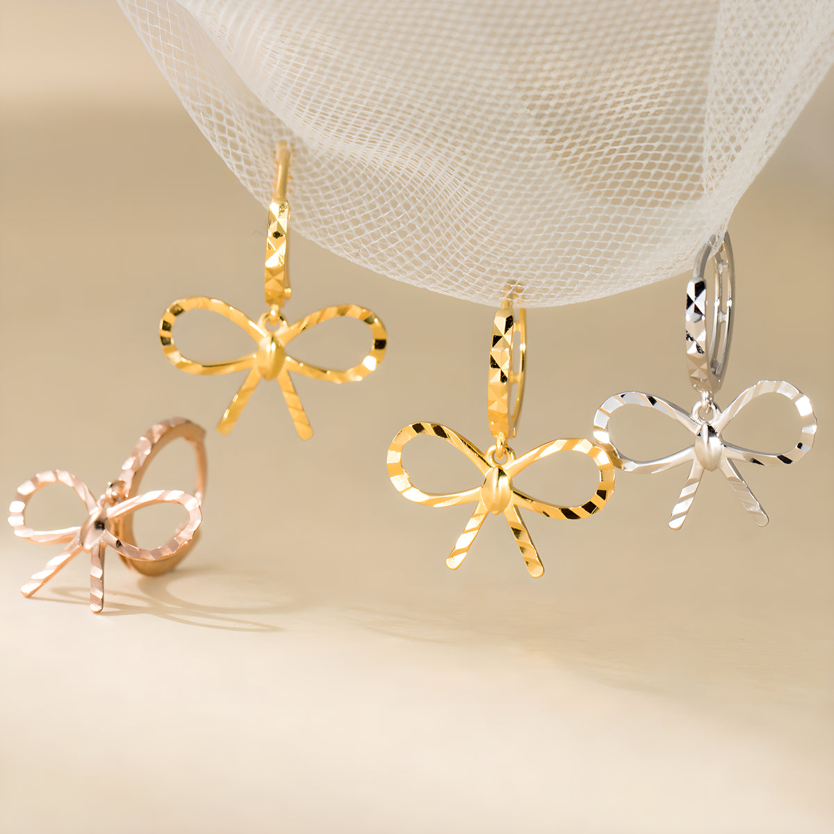 S925 Sterling Silver Delicate Bow Earrings with Engraved Design