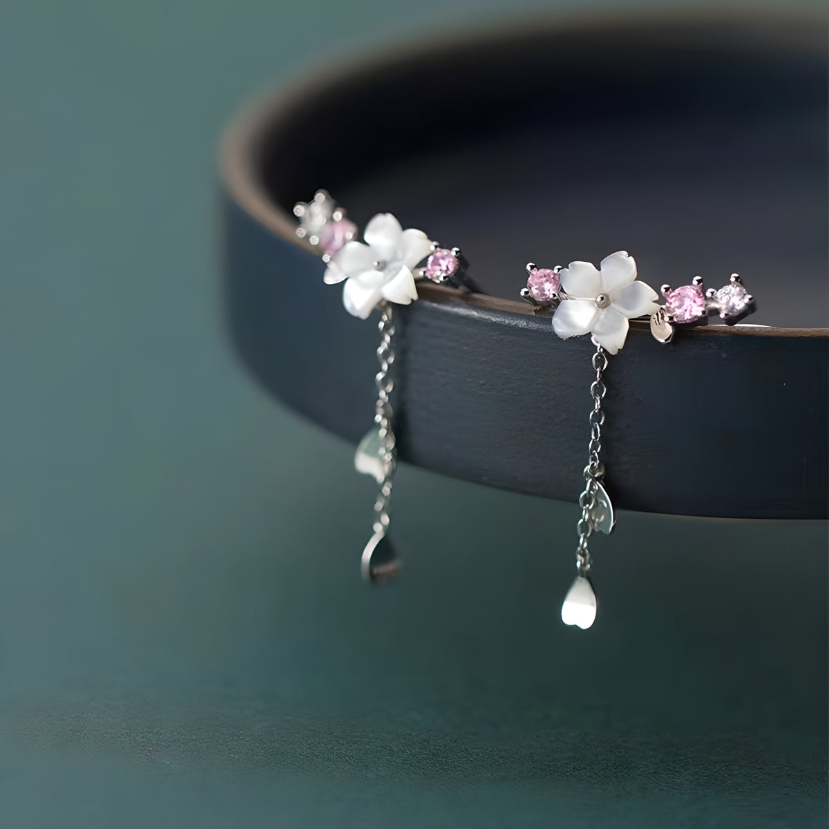 S925 Sterling Silver Five-Petal Flower Heart Tassel Drop Earrings