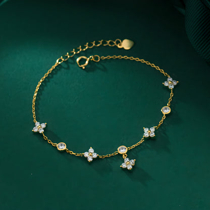 S925 Sterling Silver Four-Leaf Clover Zircon Bracelet Floral Design