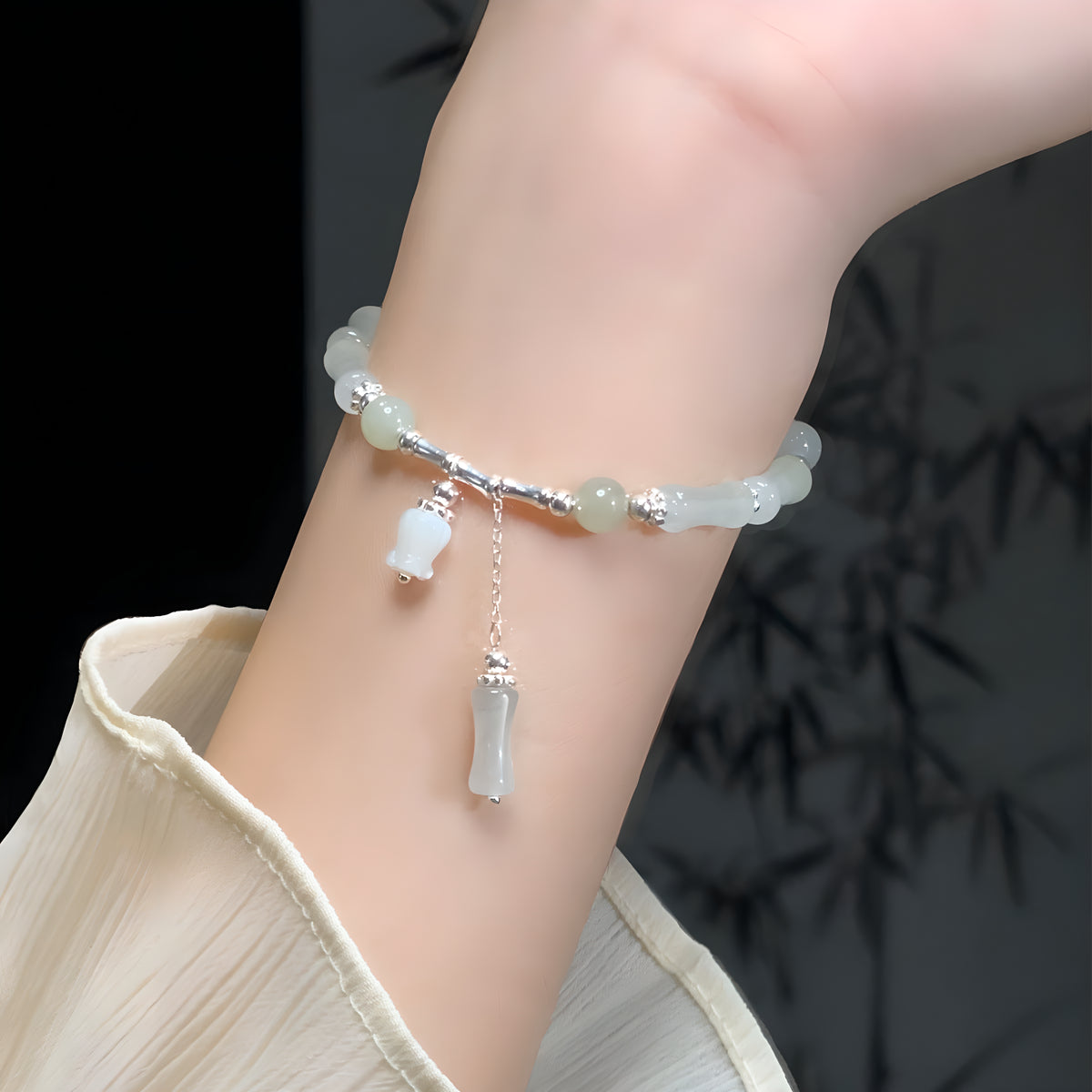 S925 Sterling Silver Lily of the Valley Tianshan Jade Bamboo Bracelet