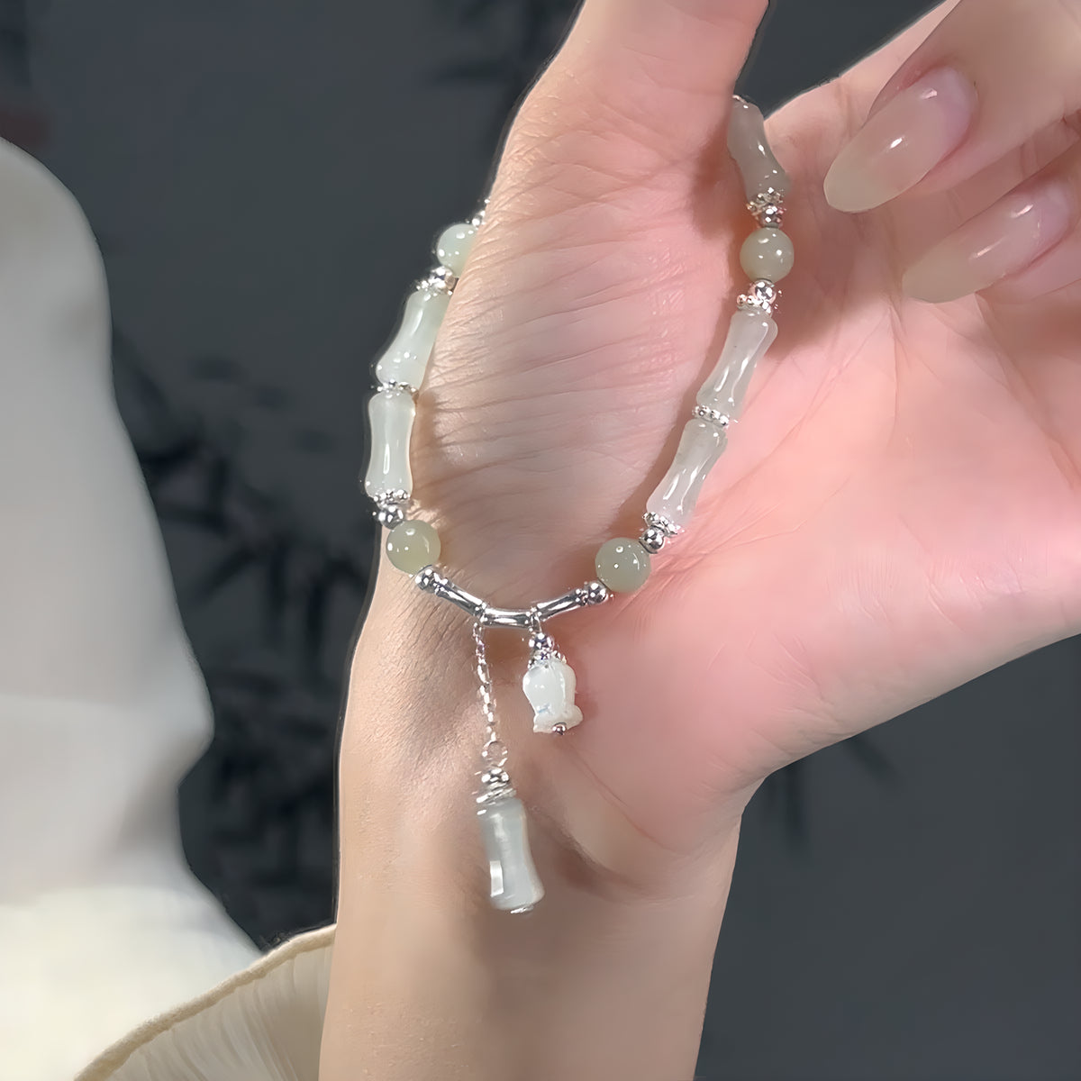 S925 Sterling Silver Lily of the Valley Tianshan Jade Bamboo Bracelet