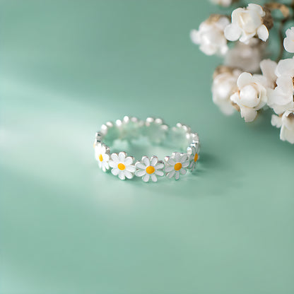 S925 Sterling Silver Mini Daisy Adjustable Ring with White Resin