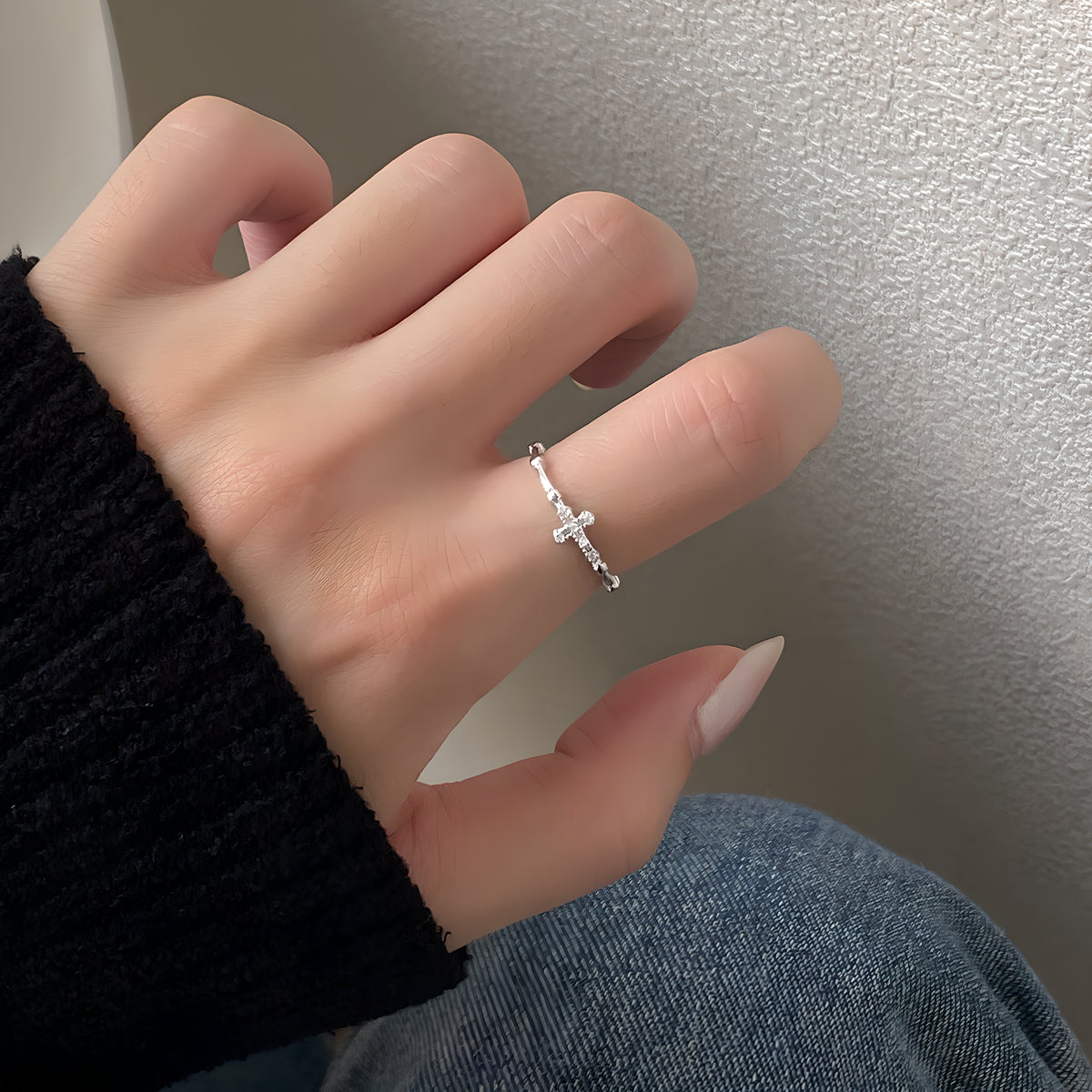 S925 Sterling Silver Minimalist Cross Zircon Ring for Women