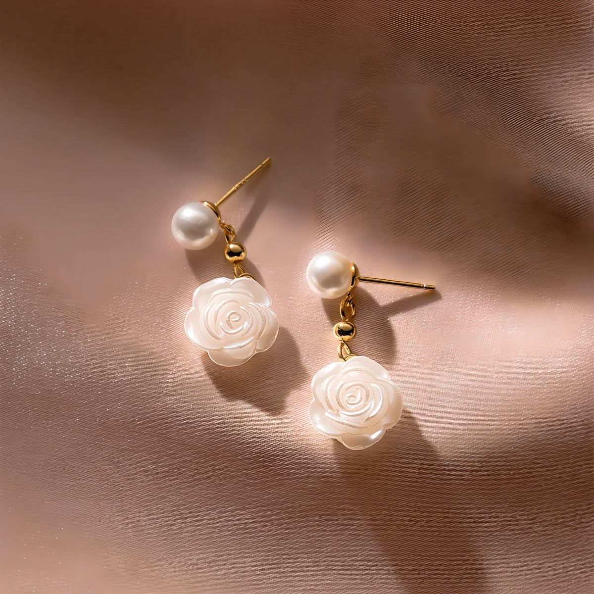 S925 Sterling Silver Minimalist Synthetic Pearl Camellia Floral Stud Earrings