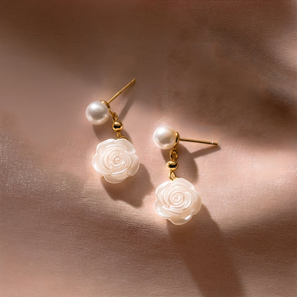 S925 Sterling Silver Minimalist Synthetic Pearl Camellia Floral Stud Earrings