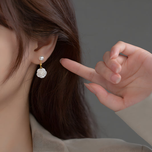 S925 Sterling Silver Minimalist Synthetic Pearl Camellia Floral Stud Earrings