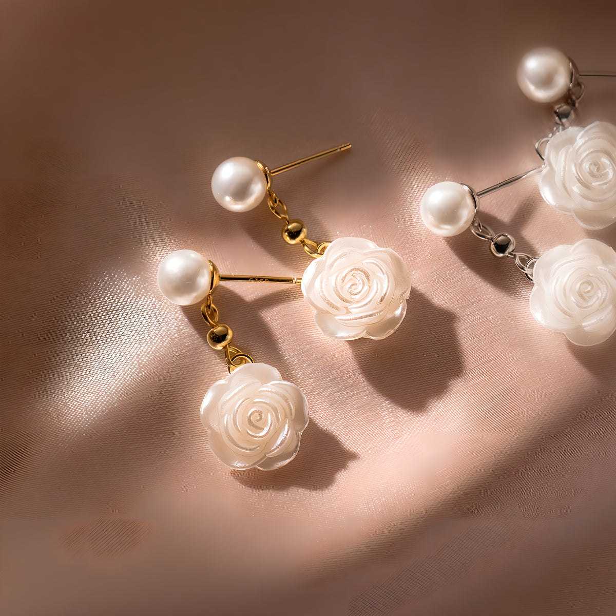 S925 Sterling Silver Minimalist Synthetic Pearl Camellia Floral Stud Earrings