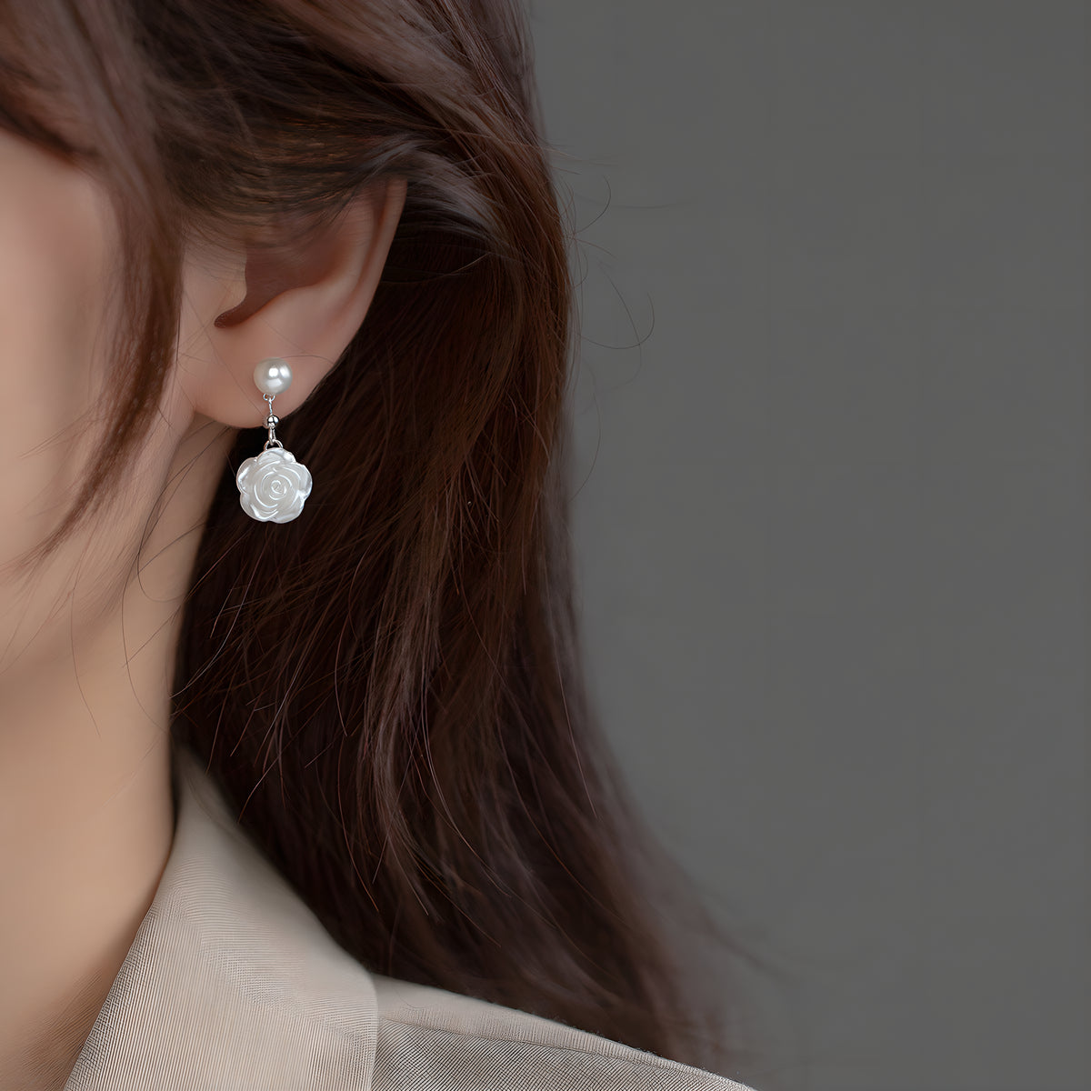 S925 Sterling Silver Minimalist Synthetic Pearl Camellia Floral Stud Earrings