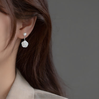 S925 Sterling Silver Minimalist Synthetic Pearl Camellia Floral Stud Earrings