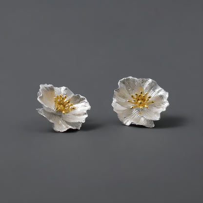S925 Sterling Silver Poppy Flower Artistic Drop Earrings