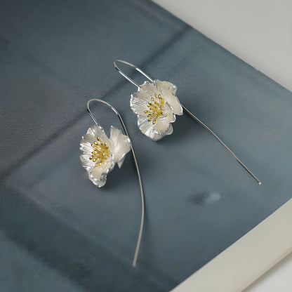 S925 Sterling Silver Poppy Flower Artistic Drop Earrings
