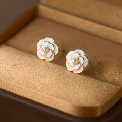 S925 Sterling Silver Resin Camellia Flower Faux Pearl Stud Earrings