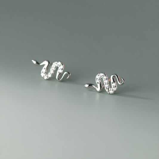 S925 Sterling Silver Snake Stud Earrings with Zircon