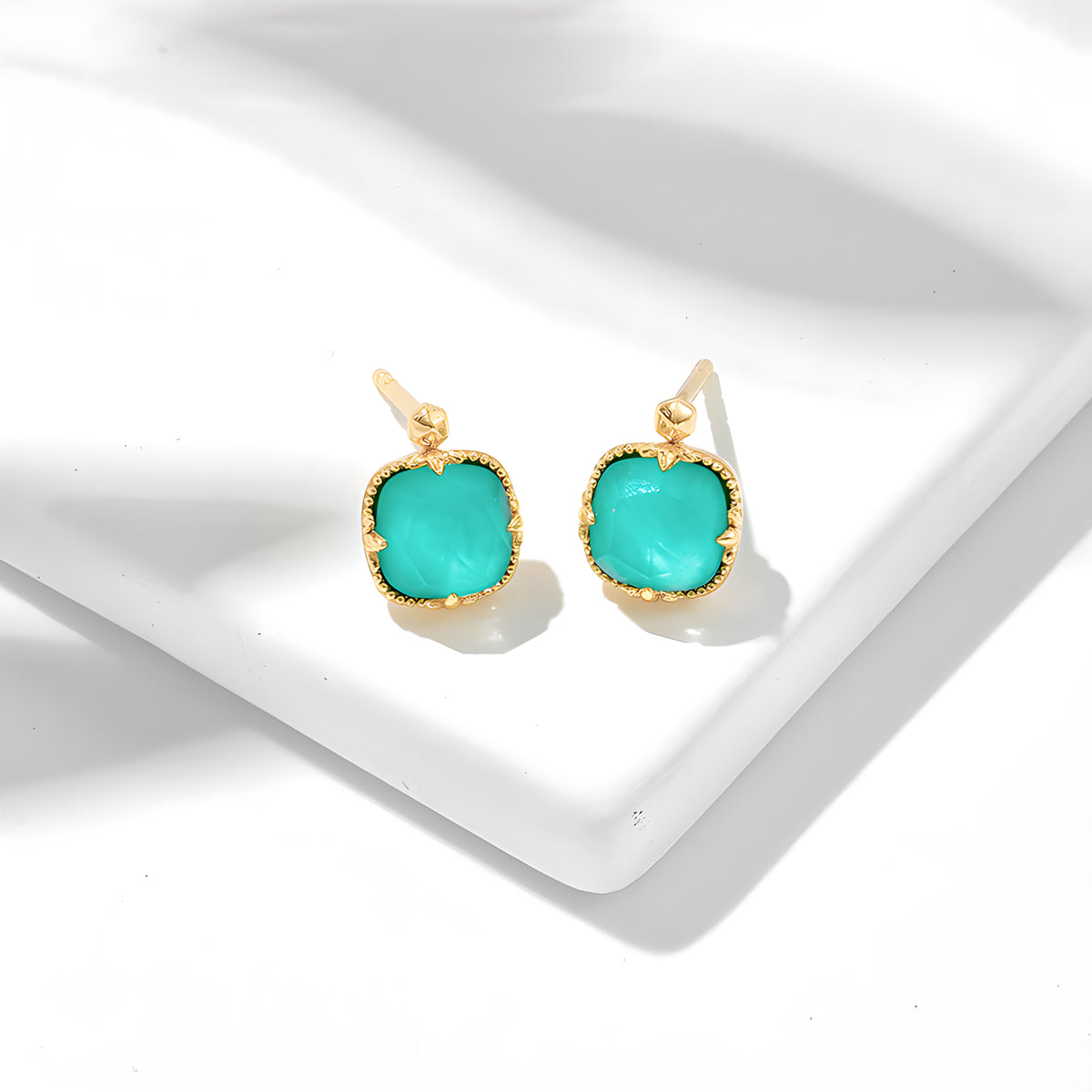 Square Turquoise White Crystal Fresh Style Earrings 14K Gold Plated S925 Silver