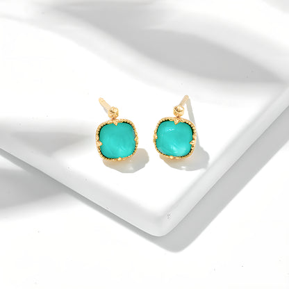 Square Turquoise White Crystal Fresh Style Earrings 14K Gold Plated S925 Silver