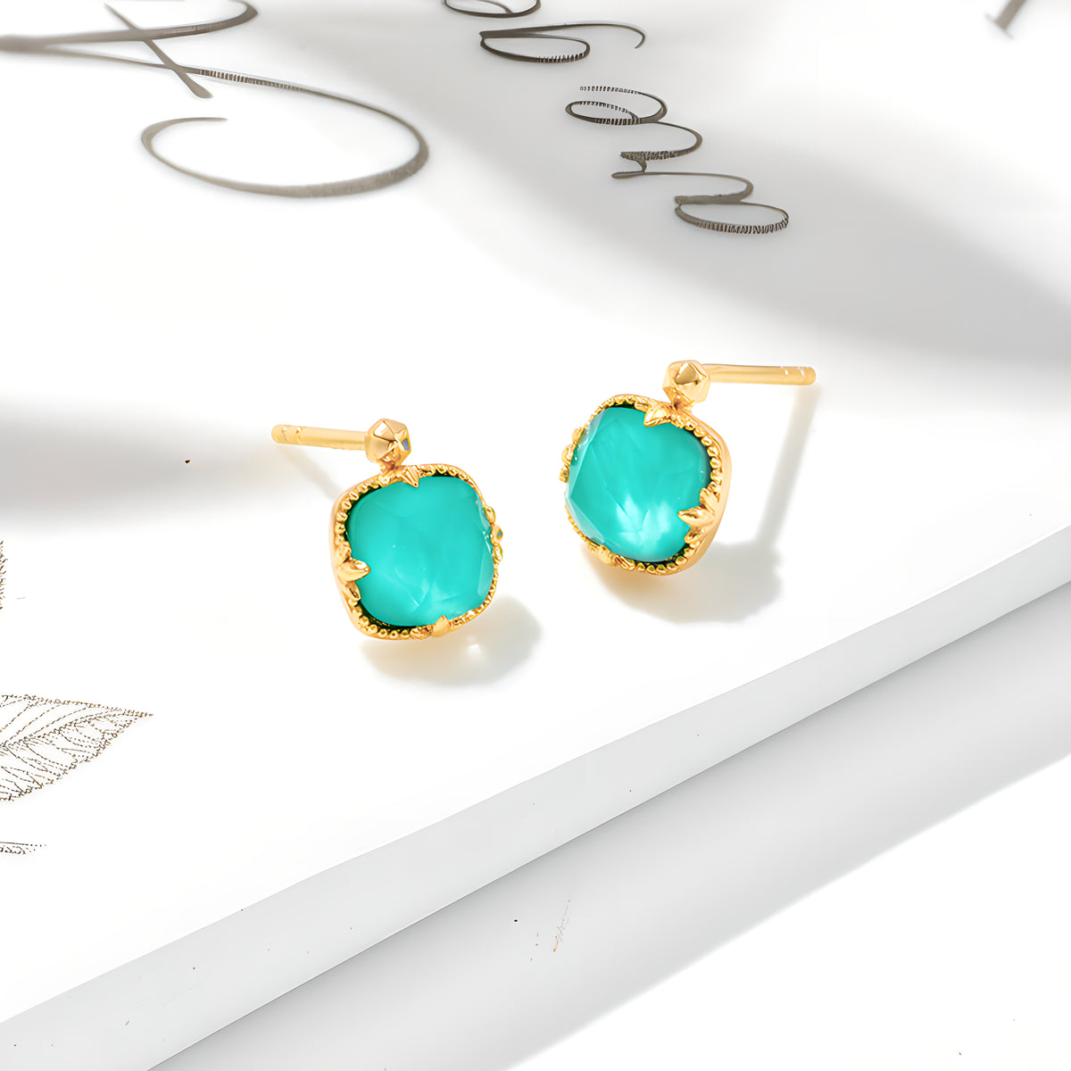 Square Turquoise White Crystal Fresh Style Earrings 14K Gold Plated S925 Silver
