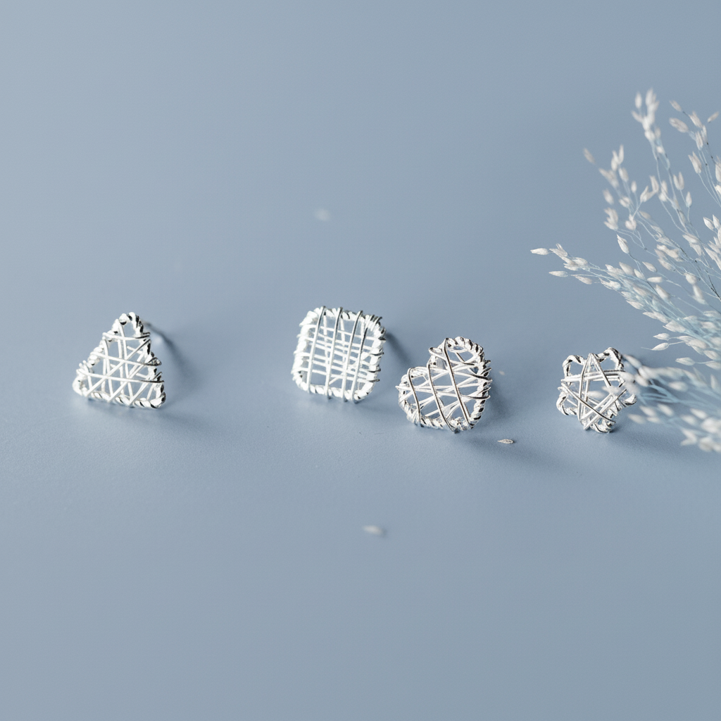 S925纯银耳钉镂空绕丝几何方形圆形爱心五角星甜美线团耳环G9419