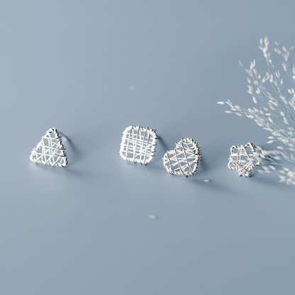S925纯银耳钉镂空绕丝几何方形圆形爱心五角星甜美线团耳环G9419