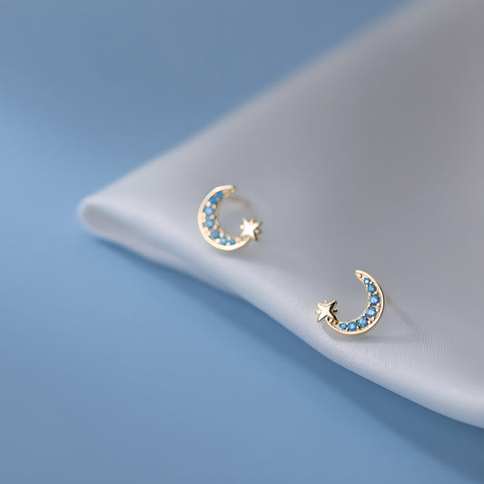 Sterling Silver Blue Zirconia Moon & Star Stud Earrings