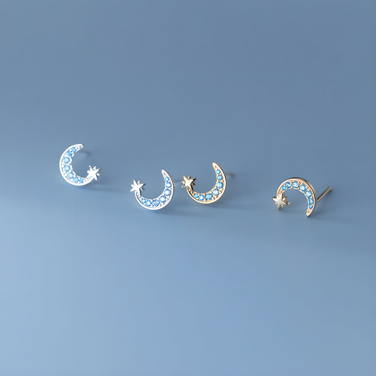 Sterling Silver Blue Zirconia Moon & Star Stud Earrings
