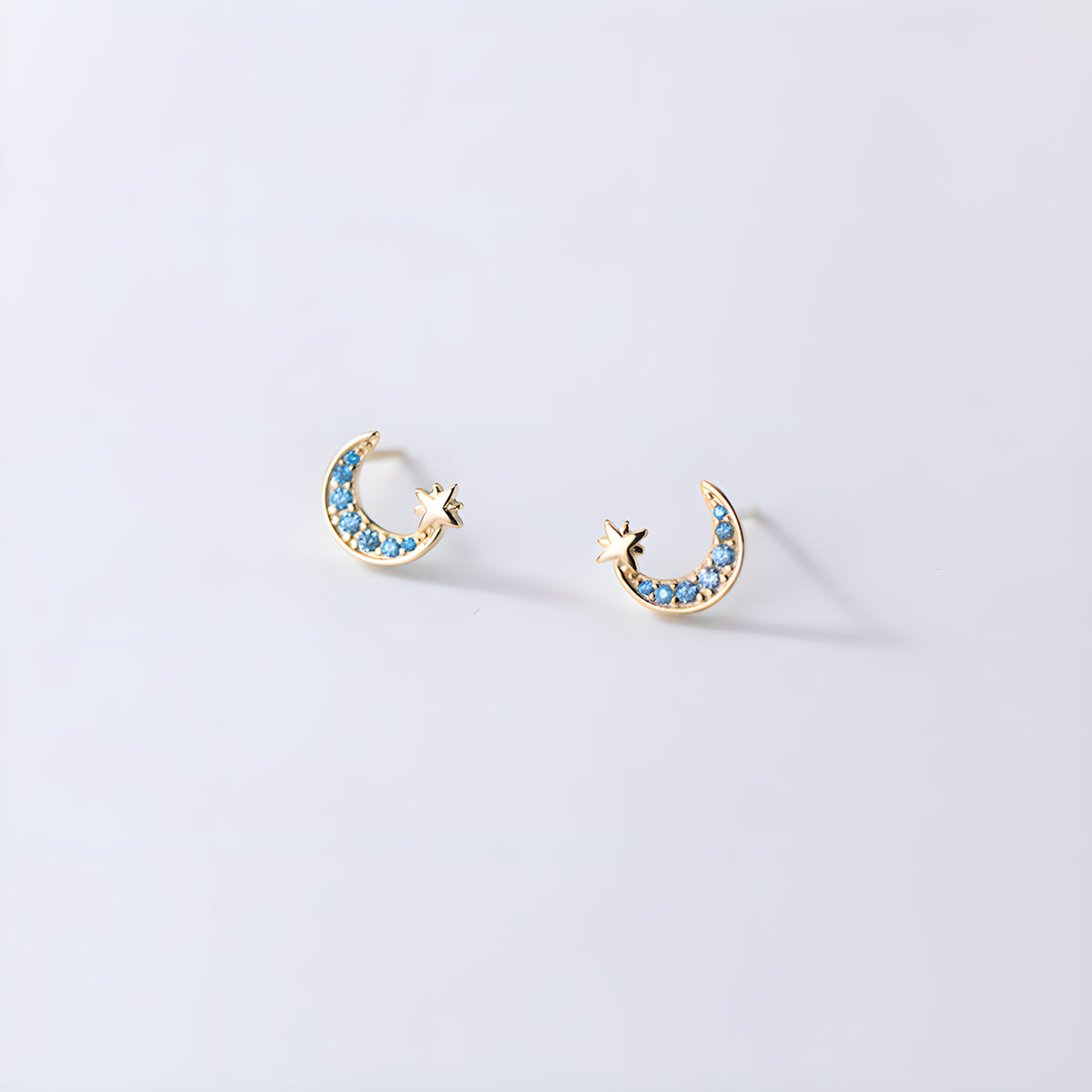 Sterling Silver Blue Zirconia Moon & Star Stud Earrings