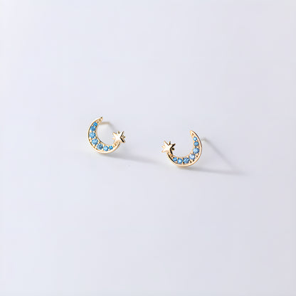 Sterling Silver Blue Zirconia Moon & Star Stud Earrings