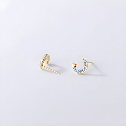 Sterling Silver Blue Zirconia Moon & Star Stud Earrings