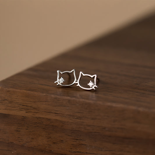 Sterling Silver Hollow Cat Stud Earrings with Zircon