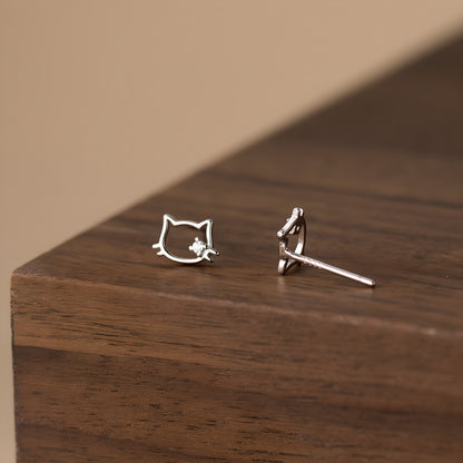 Sterling Silver Hollow Cat Stud Earrings with Zircon