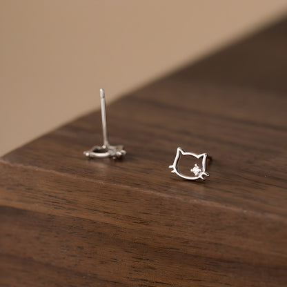 Sterling Silver Hollow Cat Stud Earrings with Zircon