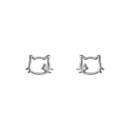 Sterling Silver Hollow Cat Stud Earrings with Zircon