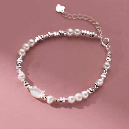 Sterling Silver Kitten Pearl Broken Silver Bracelet - Minimalist INS Style