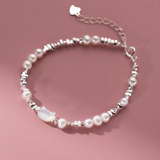 Sterling Silver Kitten Pearl Broken Silver Bracelet - Minimalist INS Style